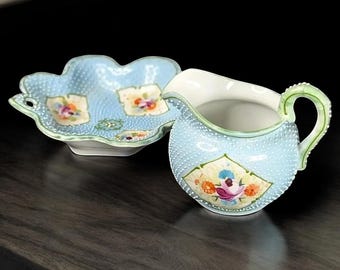 Vintage Japanese Moriage Creamer & Bon Bon Dish: Blue Floral Trinket Set