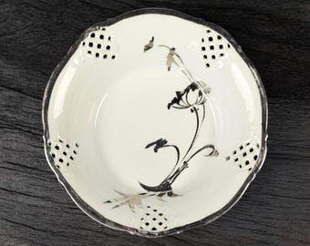 Vintage Schumann Dresden Reticulated Porcelain Bowl – 7.5" White with Silver Decoration – German Fine China