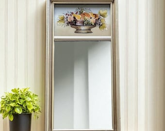 Vintage Reverse Painted Mirror with Fruit Basket Design – Gold & Silver Wood Frame – Mid-Century Federal Style Wall Mirror – 18.5x9.5
