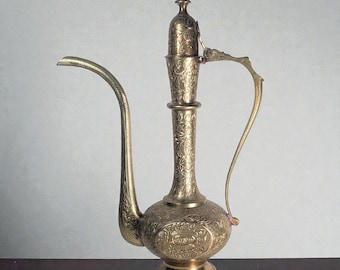 Vintage Hand Chased Indian Brass Ewer, Mughal Style Decorative Vessel