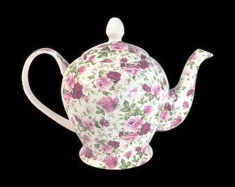 Vintage Crown Trent Chintz Teapot – Bone China, Made in England – Pink Rose Floral Design
