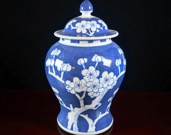 Vintage Chinese Blue & White Prunus Blossom Lidded Ginger Jar