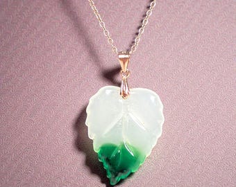 Vintage Peking Glass Leaf Pendant Necklace, Sterling Silver w Rose Gold Vermeil