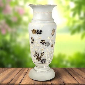 Antique Hand Blown Victorian Vase – 11&quot; Opaline Satin Glass– Hand Painted Silver & Gold Gilded Floral and Butterfly Design – 1800s Art Glass