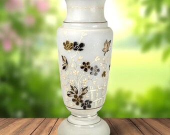 Antique Hand Blown Victorian Vase – 11" Opaline Satin Glass– Hand Painted Silver & Gold Gilded Floral and Butterfly Design – 1800s Art Glass