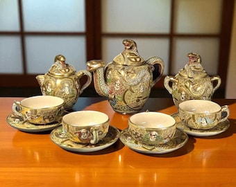 Vintage Japanese Satsuma Dragonware Tea Set – Hand-Painted Moriage Porcelain with Dragon Handles – 11-Piece Set, c. 1940s