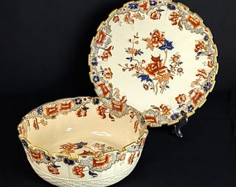 Antique Copeland Spode Imari Serving Set – 1890 Blue and Orange Floral Plate & Bowl, Pattern 2017 - Pleated Edge