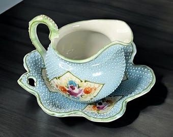 Antique Japanese Blue Moriage Porcelain Set – Creamer & Bon Bon Dish – Hand-Painted Floral, Early 20th Century