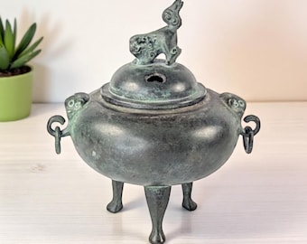 Vintage Japanese Bronze Incense Burner – Tripod Censer with Shishi Lid – Made in Japan – Patinated Metalware – 6" Tall