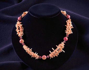 Vintage Coral Branch Necklace with Garnet and Dyed Chalcedony Beads