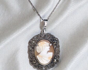 Antique Shell Cameo Necklace in Sterling & Marcasites, Edwardian Era