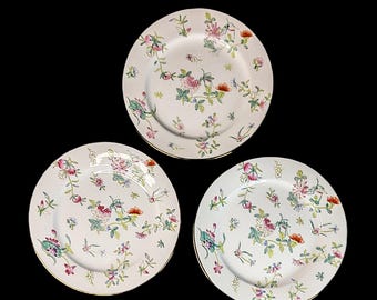 Vintage Chinese Republic to Mid Century Famille Rose Porcelain Plates - Grasshopper Flowers and Four Seasons Hand Painted Motif- Set of 3