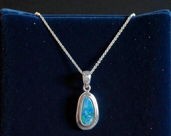 Sterling Silver Opal Doublet Pendant Necklace, Signed, 18 Inch Chain
