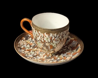 Antique Japanese Kutani Porcelain Demitasse Footed Teacup and Saucer 1000 Faces Scholar Meiji Period Signed