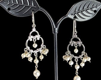 Vintage Sterling Silver and Freshwater Pearl Chandelier Earrings with clear crystal accents
