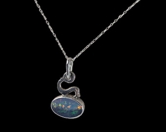 Vintage Signed Two tone Dark Opal Pendant in Sterling silver on 18" 925 Chain