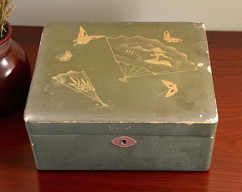 Antique Japanese Lacquer Box, Dark Green with Gilt Butterflies, Fans, Red Sparkling Interior