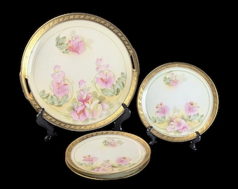 RS Germany Cake Plate & Dessert Plate Set – 4 pieces, Vintage Floral Transferware with Gold Trim - Reinhold Schlegelmilch circa 1914-1945