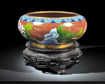 Vintage Chinese Cloisonné Enamel Bowl with Birds and Flowers on Carved Wooden Stand