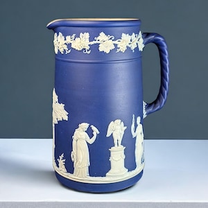 Antique Wedgwood Large Cobalt Blue Jasperware Pitcher – 8” Neoclassical Relief, Circa 1891-1907