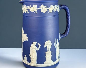 Antique Wedgwood Large Cobalt Blue Jasperware Pitcher – 8” Neoclassical Relief, Circa 1891-1907