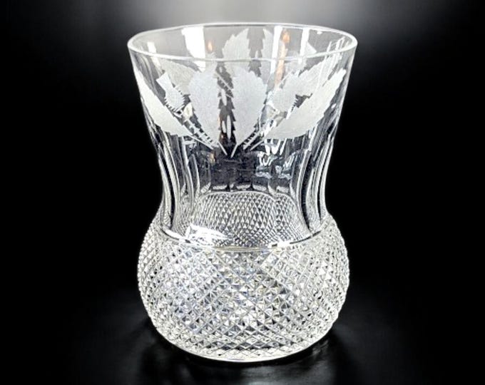 Featured listing image: Vintage Edinburgh Crystal Thistle Glass – 4" Cut & Etched Crystal – Made in Edinburgh Scotland Etched Base – 1955–1980 Whiskey Old Fashioned