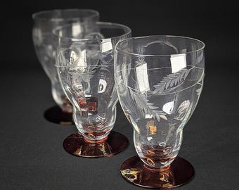 Vintage Etched Elegant Glass Iced Tea Goblet Flash Cranberry Iridescent Base Clear Flower Etched Bowl Set of 3