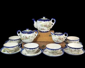 Vintage Japanese Porcelain Tea Set – Hand-Painted Pastoral Scene (1921-1945)