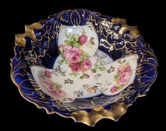 IPF Germany Antique Hand-Painted Porcelain Bowl - Floral & Gilded - 10.5”