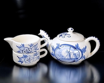 Tea for one Shafford Vintage 1980s stacking tea set with Teapot, creamer, and small tea cup Blue on white windmill and flower decorations