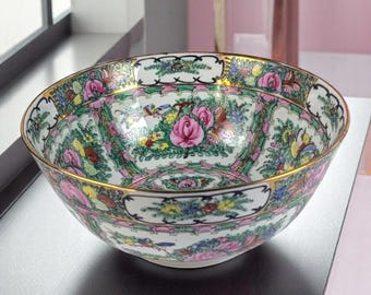 Vintage Famille Rose Porcelain Bowl – 12" Diameter – Japanese Porcelain, Decorated in Hong Kong – Mid-20th Century Floral Design