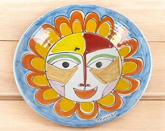 Vintage La Musa Italy 14" Hand-Painted Ceramic Sun Face Bowl – Colorful Mid-Century Modern Style Decorative Dish