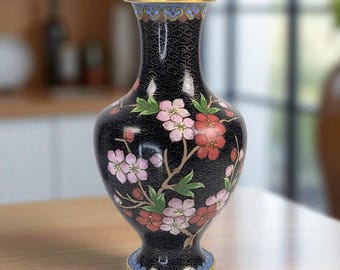 Vintage Chinese Cloisonné Vase – 8.5” Black Enamel with Floral Cherry Blossom Design – Mid-Century Decorative Vase