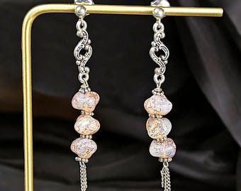 Sterling Silver and Iridescent Pink Czech Glass Dangle Earrings Statement Earrings