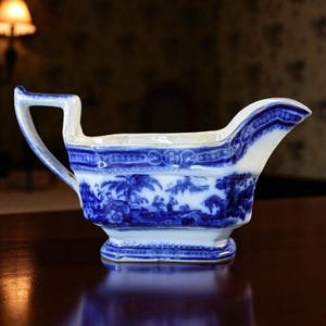 Antique Flow Blue &quot;Kyber&quot; Gravy Boat by William Adams – c. 1891–1917 – Blue & White Transferware