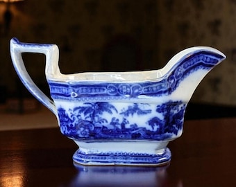 Antique Flow Blue "Kyber" Gravy Boat by William Adams – c. 1891–1917 – Blue & White Transferware