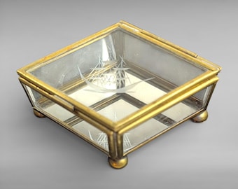 Vintage Glass Casket Trinket Box with Etched Sailing Ship Lid & Mirrored Bottom