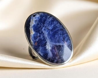 Vintage Sterling Silver & Sodalite Ring – Size 5.25 – Oval Cabochon – EKM Mexico – Mid-Century Modern Style