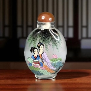 Vintage Reverse Painted Chinese Glass Snuff Bottle with Stopper