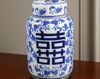 Vintage Chinese Blue and White Porcelain Ginger Jar, Double Happiness Wedding Vase, 12 Inch