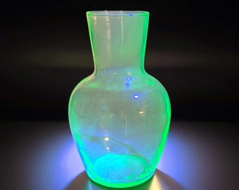 Vintage Uranium Glass Water Carafe – 6" Glow-in-the-Dark Vaseline Glass Vase – Glows Under UV Light – Mid-Century Collectible