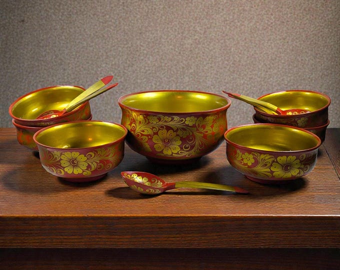 Featured listing image: Vintage Russian Khokhloma Lacquered Wood Bowl & Spoon Set, 12 Pieces