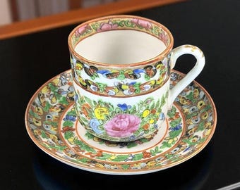 Antique Chinese Famille Rose Demitasse Cup & Saucer – Thousand Butterflies Pattern – Hand-Painted - Set 5