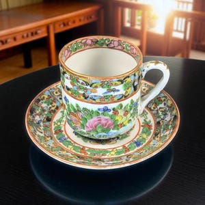 Antique Chinese Famille Rose Demitasse Cup & Saucer – Thousand Butterflies Pattern – Hand-Painted - Set 6