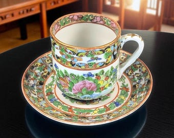 Antique Chinese Famille Rose Demitasse Cup & Saucer – Thousand Butterflies Pattern – Hand-Painted - Set 6