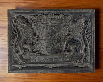 Vintage Mid‑20th Century Bavarian Coat of Arms Plaque — Heavy Ceramic Wall Relief, Bayern Heraldic Lions