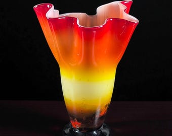 Art Glass Handkerchief Vase, Layered Red Orange Yellow Sunset Murano Style