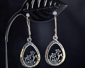 Antique Sterling Silver Forget-Me-Not Earrings – Vintage Floral Teardrop Dangle Earrings