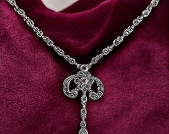 Vintage Art Deco Sterling Silver Marcasite & Garnet Pendant Necklace – Floral Link Chain – 18" Adjustable