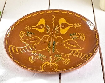 Vintage Foltz Redware Platter – Hand-Decorated Slipware Design – Pennsylvania Dutch Style – Signed C.N. Foltz 1988 – 15.5" Oval Plate